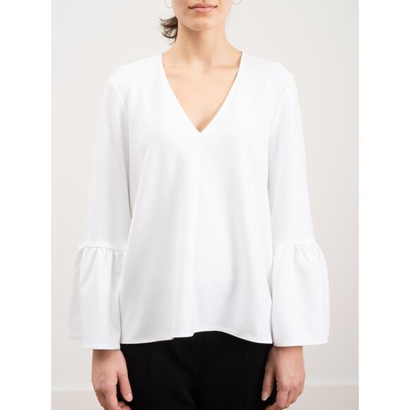 Tibi Structured Crepe V‎ Neck Ruffle Top Black Small Basic Staple Minimal Luxury - Picture 2 of 11